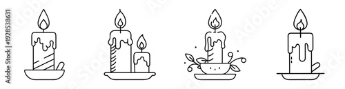 Set of artistic line art illustrations of candles with dripping wax