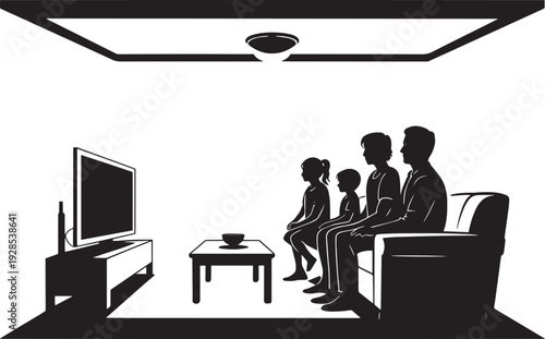 Family sitting on sofa watching television in living room silhouette vector illustration