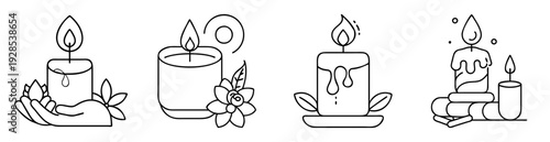 Collection of minimalist line art candle designs with floral elements and flames