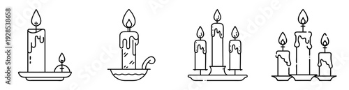 Linear drawings of four arrangements of burning candles on various candleholders