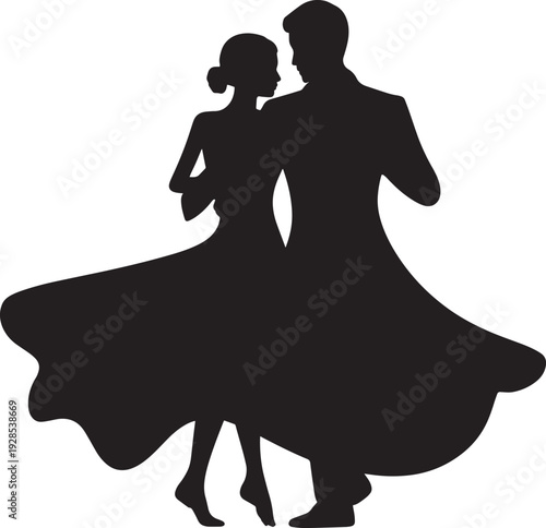 Elegant ballroom dancers performing romantic waltz dance in black silhouette vector style