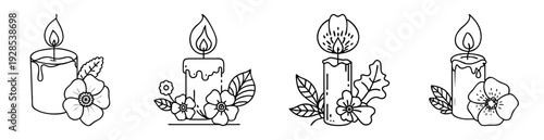 Four different candle designs with flower decoration line art illustration