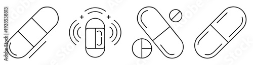 Various black outline illustrations of medical capsules and pills on white background