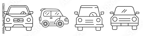 Line art illustration of four cartoon cars with different styles and features
