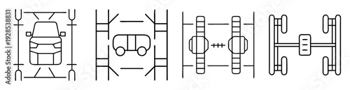 vehicle suspension and drive system diagrams illustrating different configurations and architectures