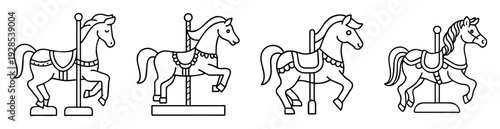 Outlined Vintage Carousel Horse Illustrations Displayed in a Row