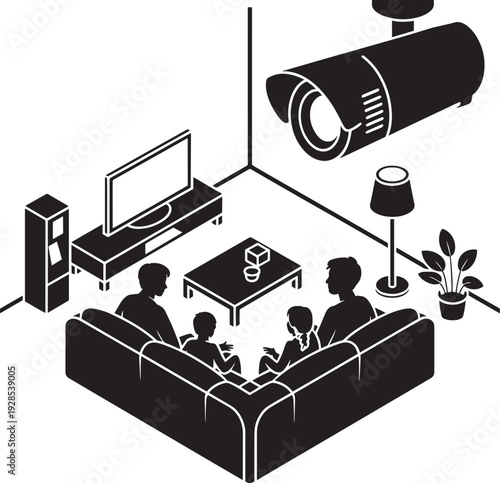 Isometric view of family watching tv in living room with security camera vector