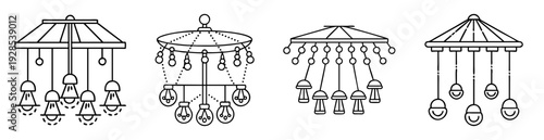 Four elegant black and white chandelier line drawings with varying designs