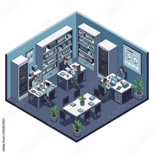 Isometric pixel art illustration of a modern office with people working.