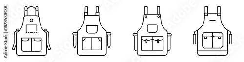 Four different apron designs with multiple pockets and adjustable straps outline