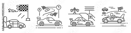 Line art drawing depicting different scenarios and types of car racing