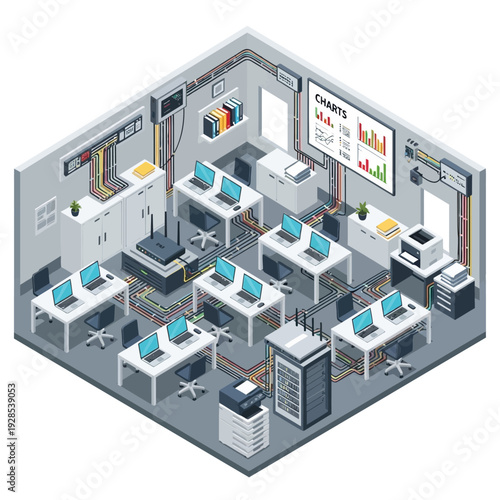 Isometric view of a modern computer lab or server room with multiple workstations and network equipment.