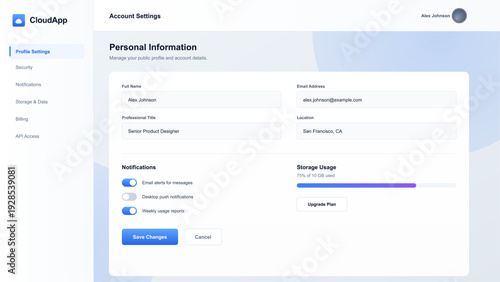 Modern user profile dashboard interface with personal information form notification settings and storage usage progress bar
