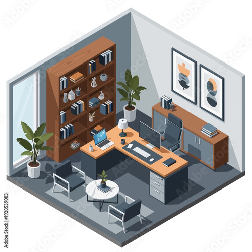 Isometric view of a modern office interior with desk, chairs, and plants.