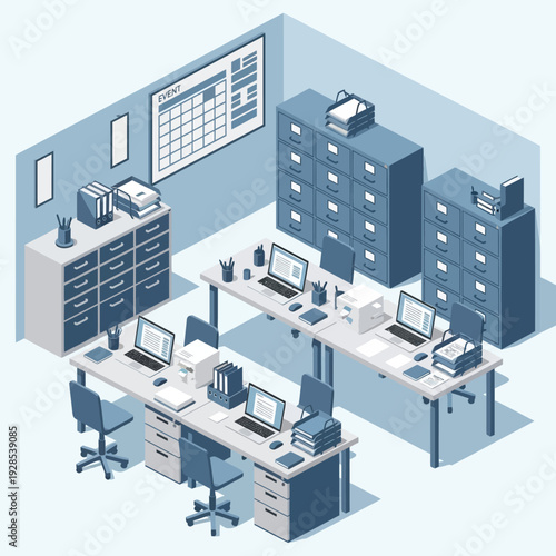 Isometric view of a modern office interior with desks and filing cabinets.