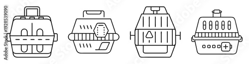 Stylized line drawing illustration of four different pet carrier designs