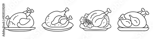 Four cooked turkeys on plates in black and white line art
