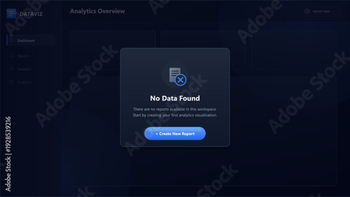 Dark mode dashboard user interface with no data found error message popup and create new report button on analytics overview screen