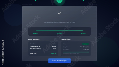 Modern dark mode user interface showing a successful transaction confirmation with order summary and license synchronization details