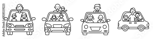 line art illustration showing four different families riding in four cars
