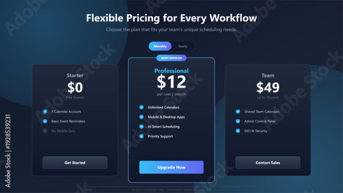 Modern dark mode pricing table interface with three subscription plans for software as a service platform and scheduling app
