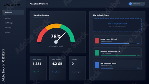 Modern dark mode analytics dashboard interface with data visualization gauge and upload management system for business software