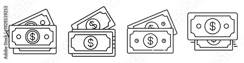 Line art illustration of stacks of money featuring dollar symbols