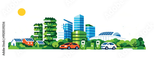 Electric cars charging in green urban skyline with solar panels