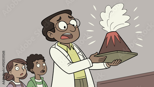 A science professor in an ultra-realistic cartoon style, a Latino man with a lively expression, holding a model of an erupting volcano with artificial lava flowing out.
