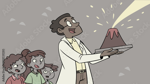 A science professor in an ultra-realistic cartoon style, a Latino man with a lively expression, holding a model of an erupting volcano with artificial lava flowing out.