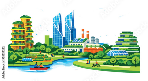 People boating and cycling near sustainable city park and river