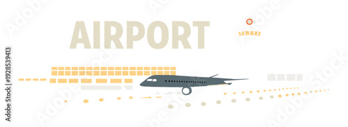 Airport terminal and airplane on runway in foggy scene