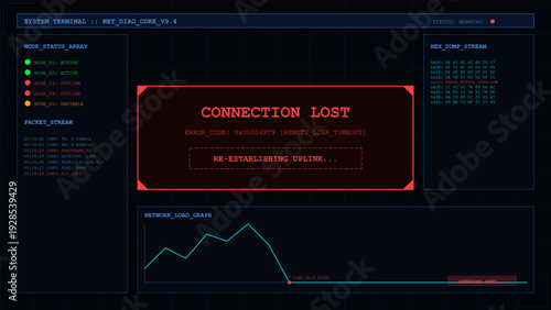 Futuristic computer terminal interface showing connection lost error message with network diagnostic data and system status dashboard
