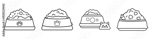 Four bowls of pet food with dog and cat paw prints illustration