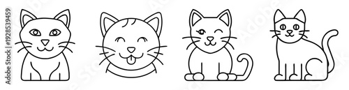 Four adorable cartoon cats in a row, perfect for coloring book
