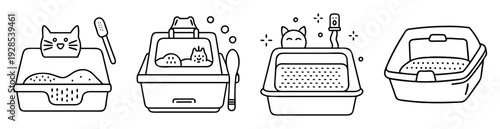 Line art illustration showcasing different types of cat litter boxes and scooper
