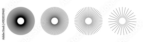 Ray burst, beams set. Collection of sunburst element, radial stripes. Sun star rays. Radial radiation circle lines. Circular radial lines. Spokes with radiating stripes grid. Abstract outline graphic 