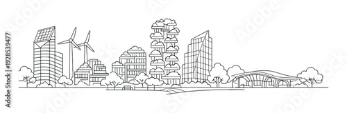 Sustainable urban skyline with green towers and wind turbines