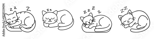 Four adorable sleeping cartoon cats line art illustration on white background