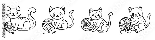 Outline illustration of four cute cartoon cats playing with balls of yarn