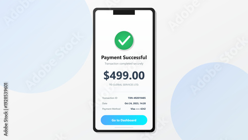 Smartphone screen displaying a successful payment transaction confirmation with a green checkmark and dollar amount on a clean background