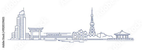 Urban skyline with torii gate and tower on waterfront