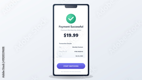 Smartphone screen displaying successful payment confirmation for premium membership subscription with transaction details and checkmark