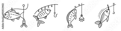 Four stylized illustrations of fish caught on fishing lines with hooks