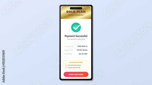Smartphone screen displaying successful payment confirmation for a premium gold membership plan on a mobile application interface