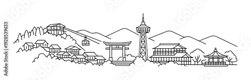 Hillside village with cable car, torii gate and tower