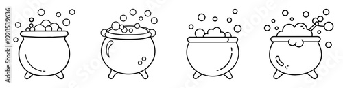 Outlined drawing of witches cauldron in different stages of bubbling and steaming