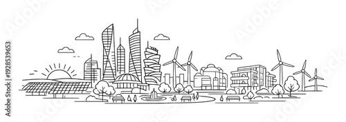 City skyline with wind turbines and park in urban waterfront