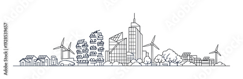 Sustainable cityscape with wind turbines and solar panels