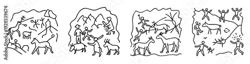 Four panels of ancient looking petroglyphs depicting humans hunting animals